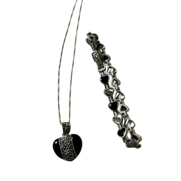 Vtg Sterling Silver Black Heart Pendant Necklace, 17” & Bracelet Set, 7” Length - Picture 1 of 7